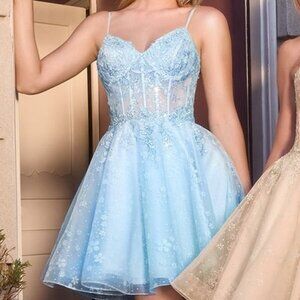 New Short Baby Doll Dress w/ Lace Up Back & Floral Lace Embroidery CD CJ419